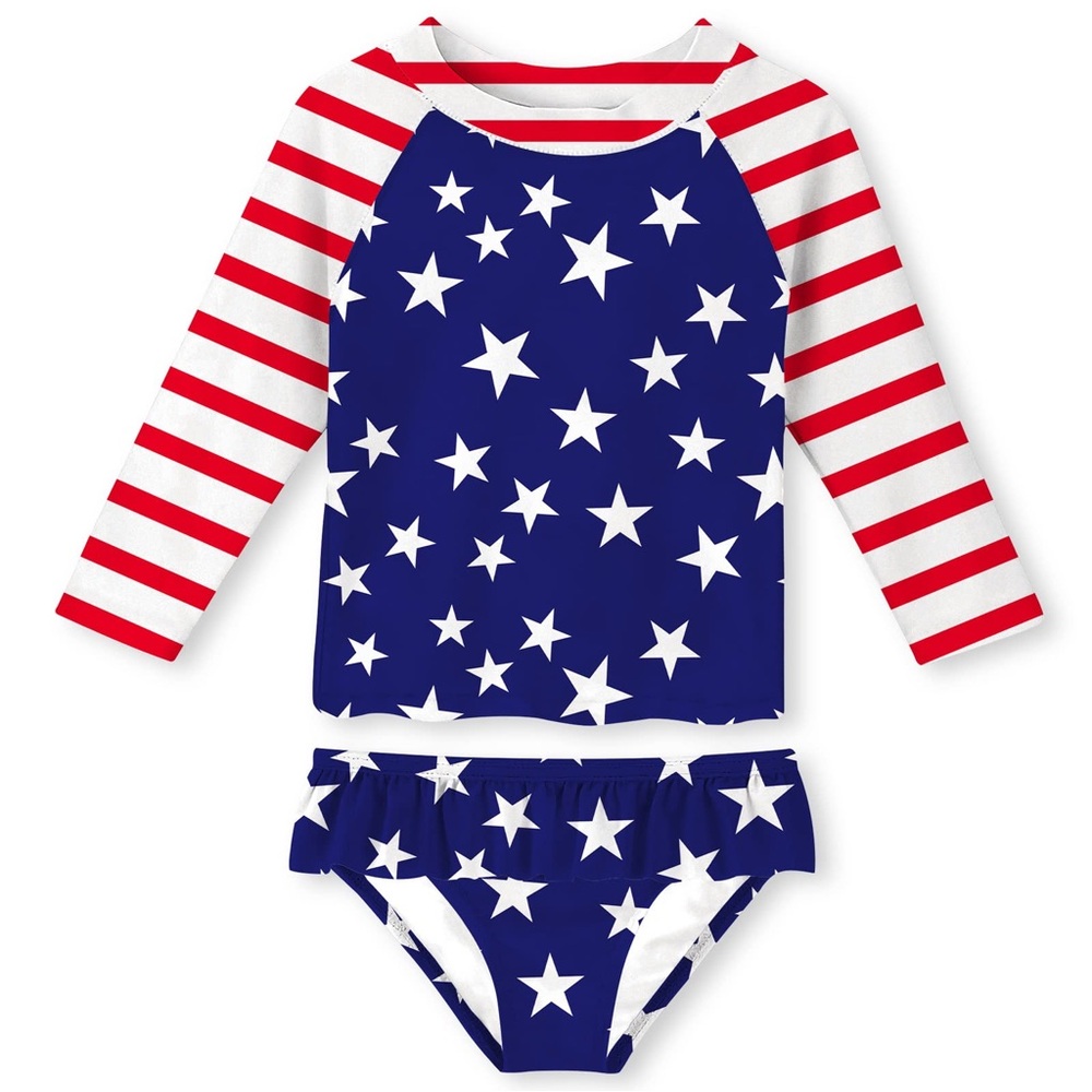 Kids Girls USA Two Piece Long Sleeve Swimwear Starry Blue and Red Swim‎ Set 6-7y
